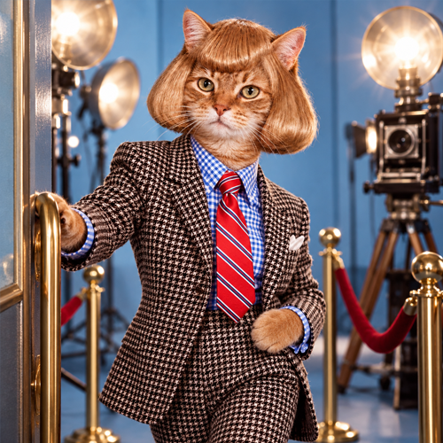 Jean Cat, an orange tabby in a blond bob and houndstooth suit, posing on a blue carpet beside studio lights and a camera