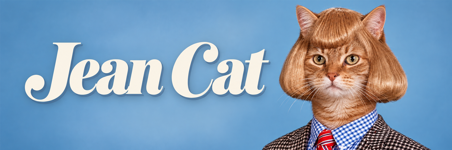 Jean Cat banner with cream lettering beside a portrait of the cat